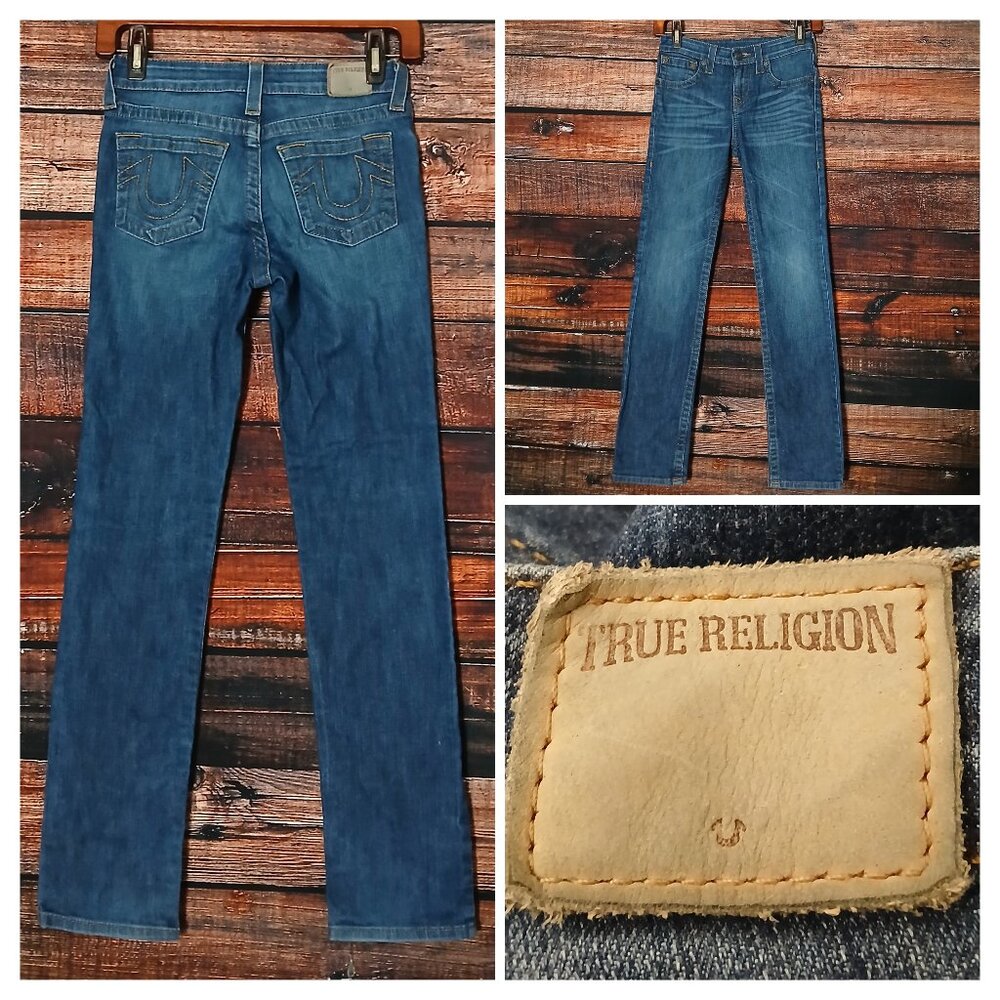 True Religion Jeans Kids Size 12 Geno Single End Blue Denim Stretch Slim